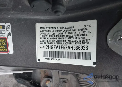 2010 Honda Civic Lx из США, поврежденный, VIN 2HGFA1F57AH586923